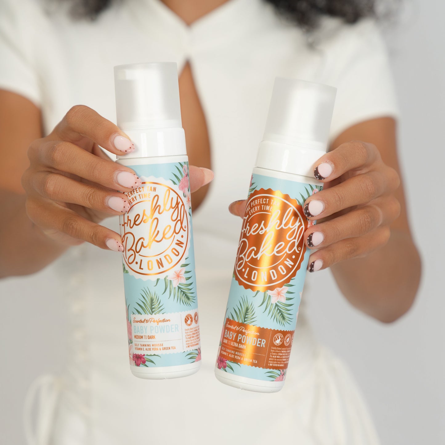 Freshly Baked London baby powder scented self tan mousse – in shades medium to dark and dark to ultra dark.