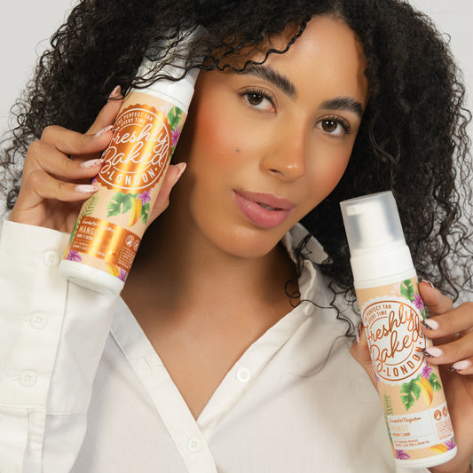 Freshly Baked London mango scented self tan in medium to dark and dark to ultra dark.